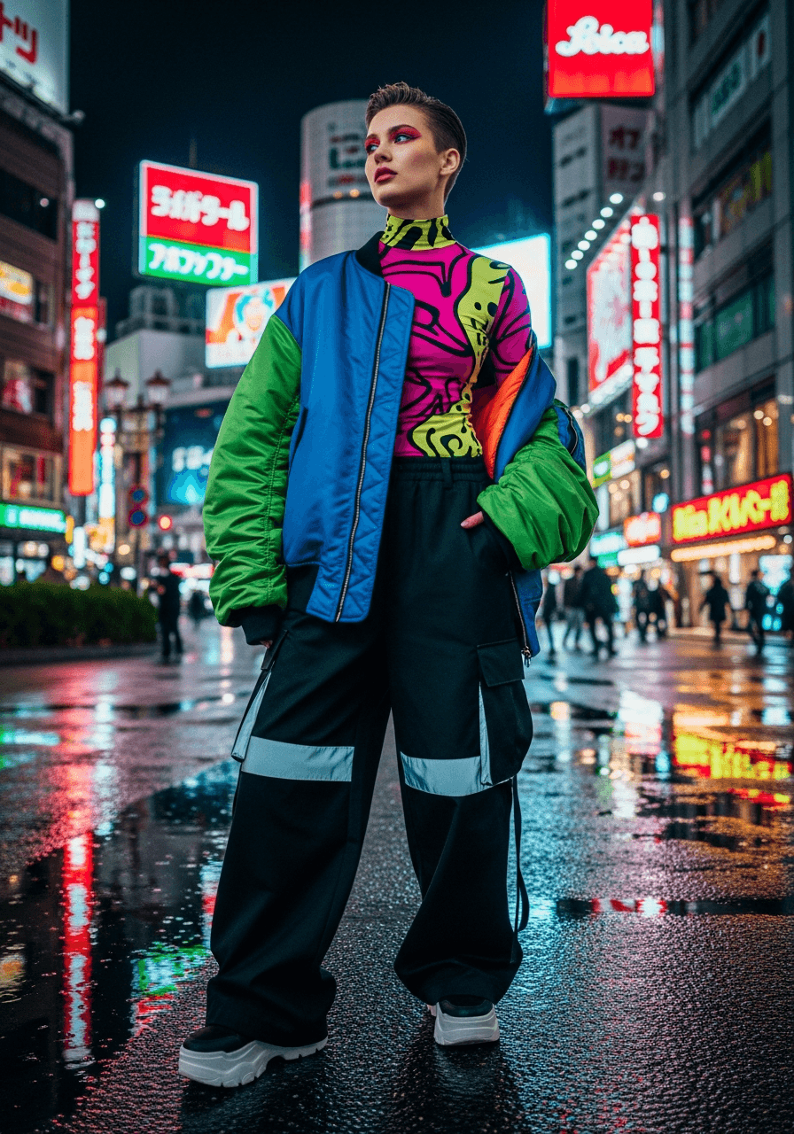 Colourful street-fashion portrait in Tokyo at night